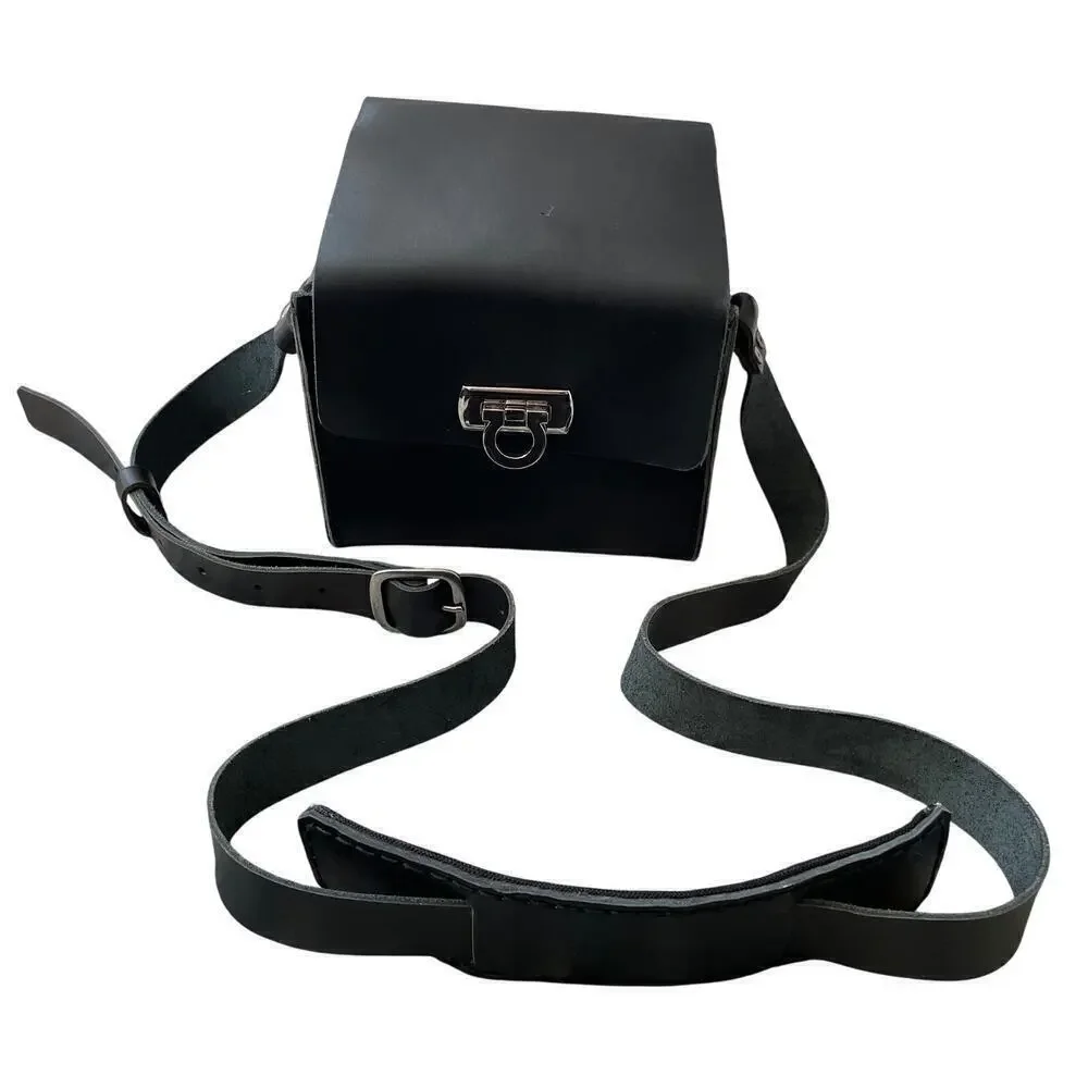 Handcrafted Black Leather Camera Bag | 5.5” Square, Adjustable Strap, Clasp